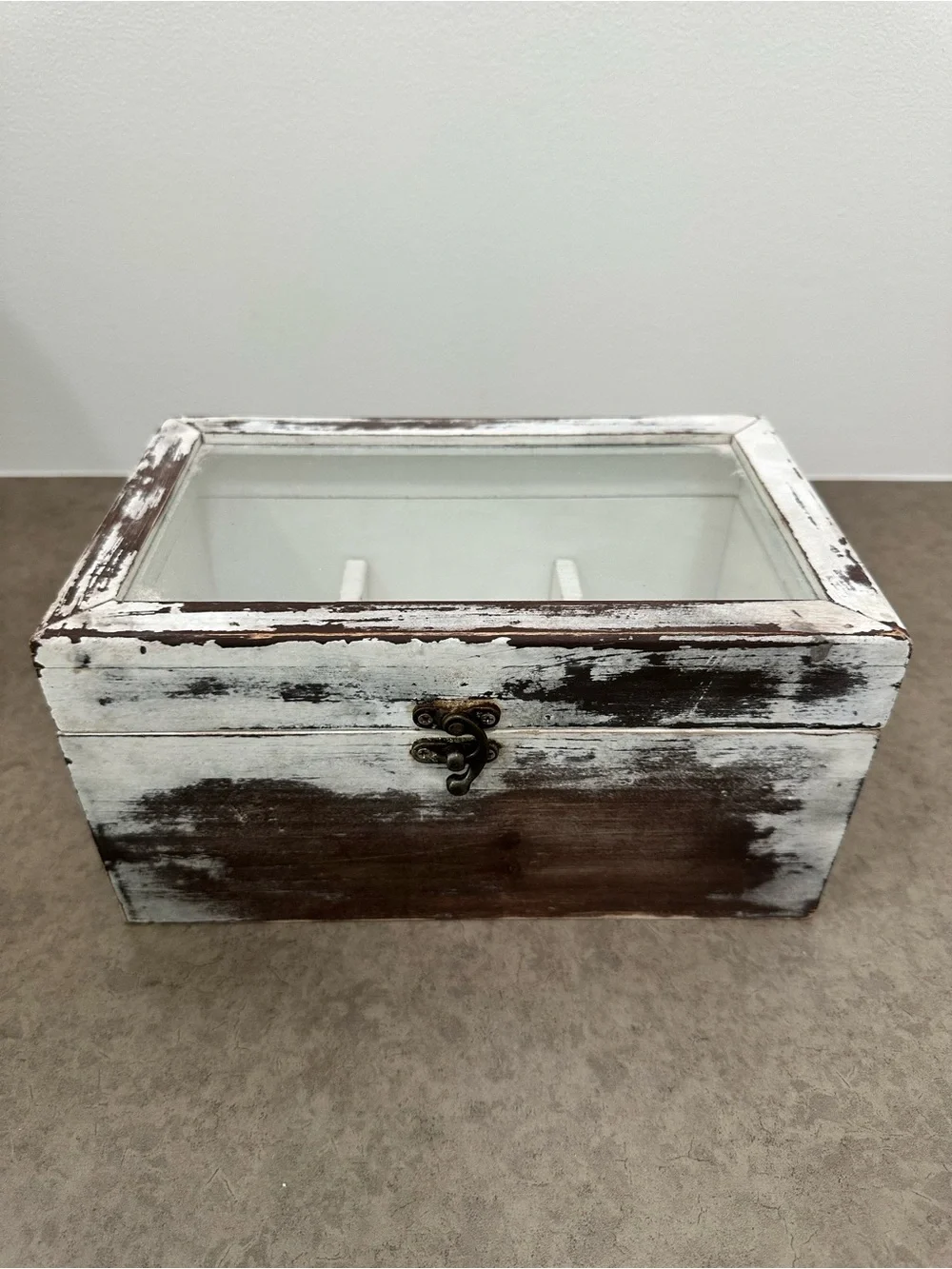 Tea Hot Cocoa Packet Organizer Box - Distressed White Wood Keepsake Glass Top